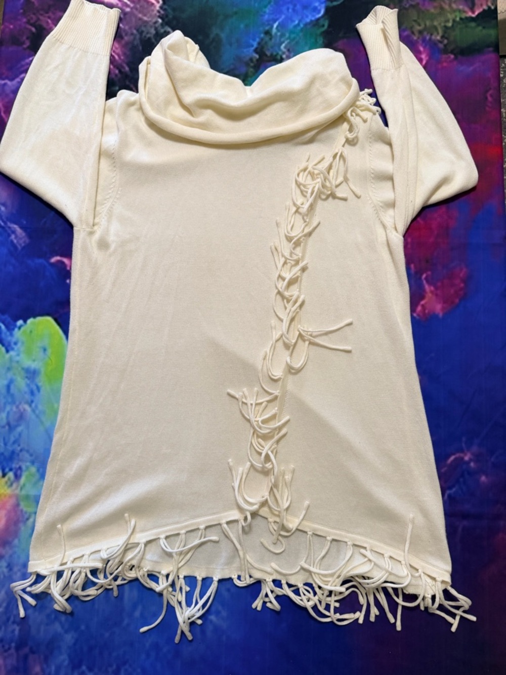 Reba Cream Cowl Neck Fringe Sweater Top